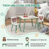 Grünes Kindertisch Set mit 2 passenden Stühlen und niedlichem Tiermotiv, ideal für Kinder von 3 bis 8 Jahren zum Spielen und Lernen.
