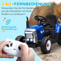 Blauer Kindertraktor als Elektrofahrzeug mit Fernbedienung, Geschwindigkeiten von 3-6 km/h und MP3-Anschluss. Ein Highlight für kleine Bauern und Fahrer.