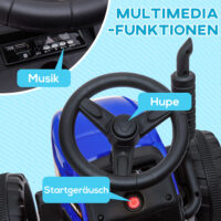 Blauer Kindertraktor als Elektrofahrzeug mit Fernbedienung, Geschwindigkeiten von 3-6 km/h und MP3-Anschluss. Ein Highlight für kleine Bauern und Fahrer.
