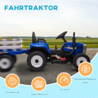 Blauer Kindertraktor als Elektrofahrzeug mit Fernbedienung, Geschwindigkeiten von 3-6 km/h und MP3-Anschluss. Ein Highlight für kleine Bauern und Fahrer.