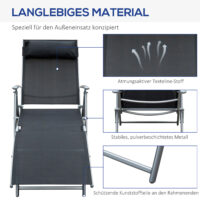 Schwarzer, klappbarer Liegestuhl mit Kissen, Maße 137x635x1005cm.