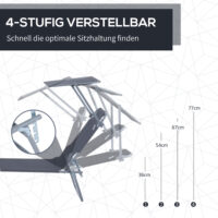 Grauer, klappbarer Liegestuhl mit Sonnenschutz, Maße 187x58x36cm.