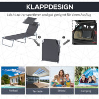 Grauer, klappbarer Liegestuhl mit Sonnenschutz, Maße 187x58x36cm.