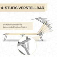 Beige, klappbare Sonnenliege mit Sonnenschutz.