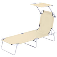 Beige, klappbare Sonnenliege mit Sonnenschutz.