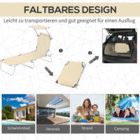 Beige, klappbare Sonnenliege mit Sonnenschutz.