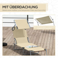 Beige, klappbare Sonnenliege mit Sonnenschutz.