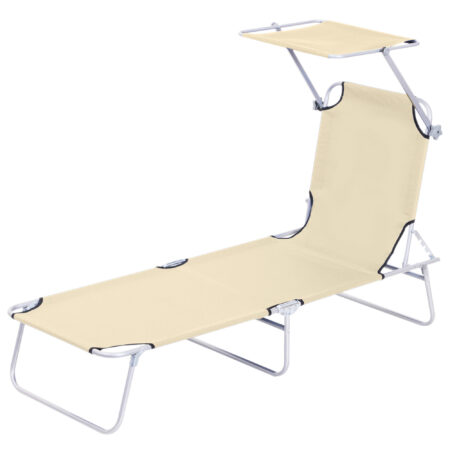 Beige, klappbare Sonnenliege mit Sonnenschutz.