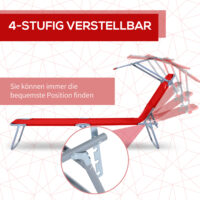 Rote, klappbare Sonnenliege mit Sonnenschutz.