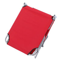 Rote, klappbare Sonnenliege mit Sonnenschutz.