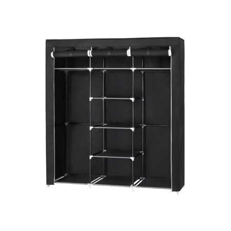 Schwarzer Stoffkleiderschrank mit großem Stauraum.