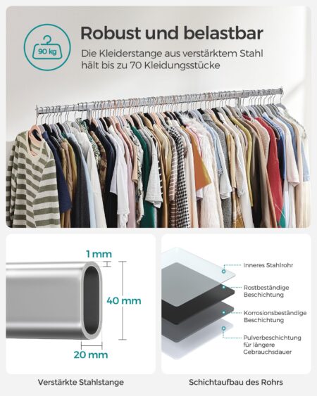 Schwerlast-Kleiderständer in Chrom, belastbar bis 90 kg.