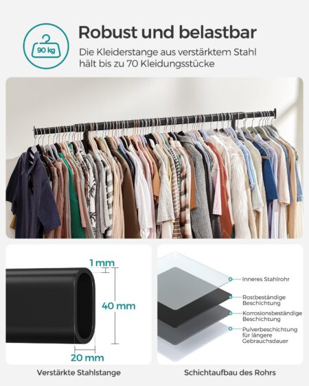 Kleiderständer in Schwarz, belastbar bis 90 kg, stabil und modern.