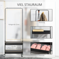 Ein schwarzer Kleiderständer auf Rollen mit Kleiderstange und Schuhablage, belastbar bis 16kg.