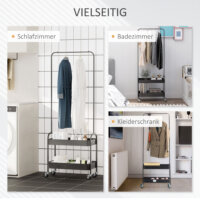 Ein schwarzer Kleiderständer auf Rollen mit Kleiderstange und Schuhablage, belastbar bis 16kg.