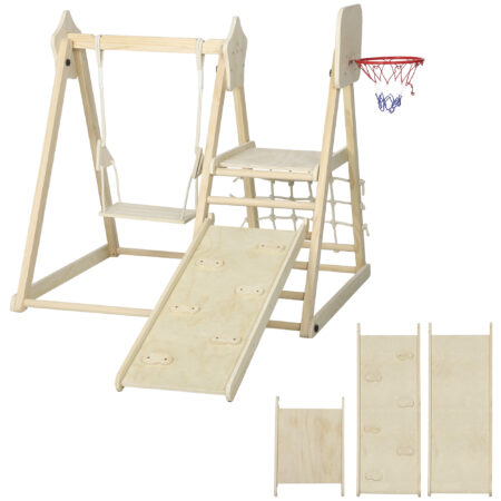 Klettergerüst Indoor mit Rutsche Schaukel und Kletternetz aus Holz