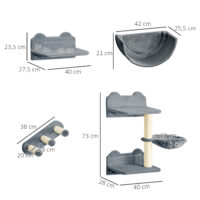 Graue 4-teilige Kletterwand mit Hängematte, geeignet für Katzen bis 5kg, schafft einen spannenden Kletterparcours.