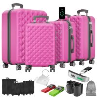 Stylisches Kofferset in Pink mit Schutzhülle und Waage.