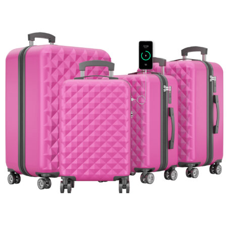 Stylisches Kofferset in Pink mit Schutzhülle und Waage.