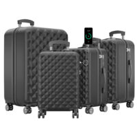 Reisekoffer-Set mit vier Koffern, Kofferwaage und Schutzhülle in Schwarz.