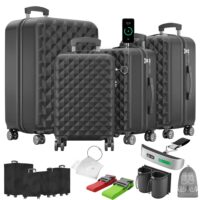 Reisekoffer-Set mit vier Koffern, Kofferwaage und Schutzhülle in Schwarz.