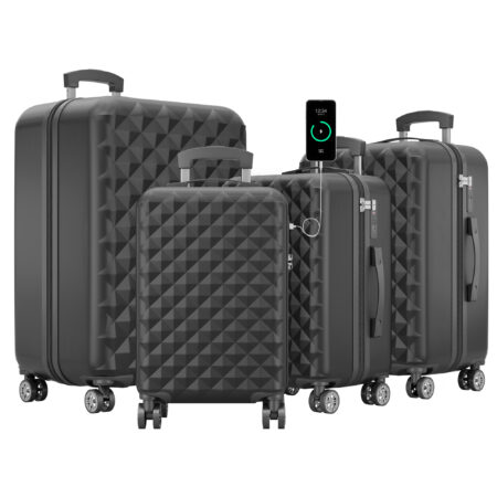 Reisekoffer-Set mit vier Koffern, Kofferwaage und Schutzhülle in Schwarz.