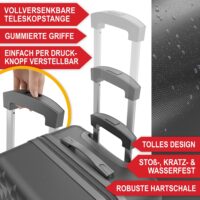 Reisekoffer-Set mit vier Koffern, Kofferwaage und Schutzhülle in Schwarz.