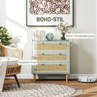 Kommode mit Rattan Schubladen für Schlafzimmer und Flur grün