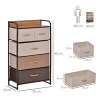Kommode schmal mit 5 Stoffschubladen und Ablage für Schlafzimmer