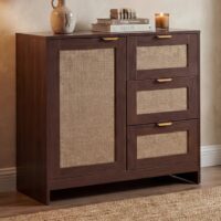 Kommode Sideboard Highboard Schubladen Staufach Leinenfront Walnuss-Optik