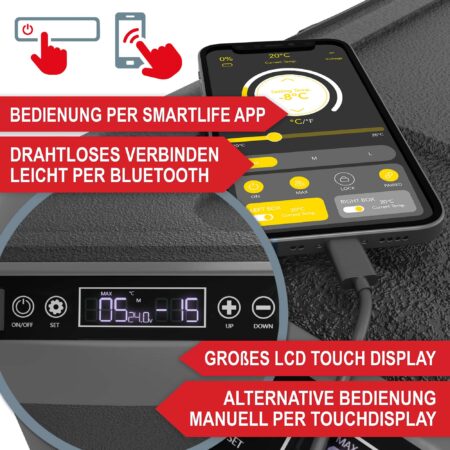 Elektrische Kühlbox mit 40 Liter Volumen und App-Steuerung.