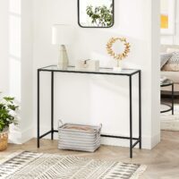 Konsolentisch Beistelltisch mit Glas und Metallrahmen in Schwarz.
