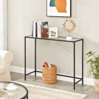 Konsolentisch Beistelltisch mit Glas und Metallrahmen in Schwarz.