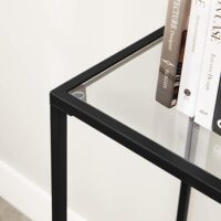 Konsolentisch Beistelltisch mit Glas und Metallrahmen in Schwarz.