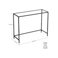 Konsolentisch Beistelltisch mit Glas und Metallrahmen in Schwarz.