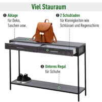 Konsolentisch Beistelltisch Regal mit 2 Schubladen 120x30x81.5cm Grau - Praktischer Konsolentisch mit Stauraum für moderne Einrichtung.