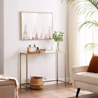 Goldfarbener Konsolentisch mit Glas und Metallrahmen, edles Design.