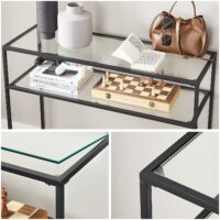 Schwarzer Konsolentisch mit Glas und zwei Ablagen, modern und praktisch.