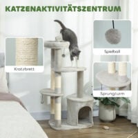 Kratzbaum mehrstöckig mit Höhle für Katzen 114cm hellgrau