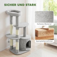 Kratzbaum mehrstöckig mit Höhle für Katzen 114cm hellgrau