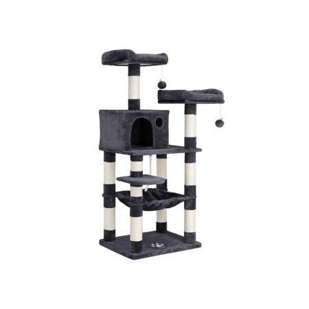 Kratzbaum 143 cm in Grau mit Höhle und Plattformen.