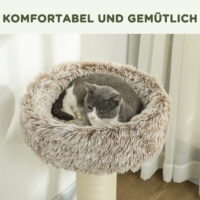 Brauner Kratzbaum mit Bett und robusten Sisal-Kratzsäulen, 87cm hoch, für Katzen bis 6kg, bietet Komfort und Krallenpflege.