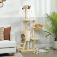 Kratzbaum für Katzen mit Höhle Sisalstämme und Spielzeug beige