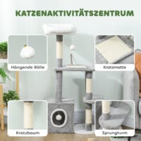 Kratzbaum für Katzen mit Höhle Sisalstämme und Spielzeug grau