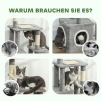 Kratzbaum für Katzen mit Höhle Sisalstämme und Spielzeug grau