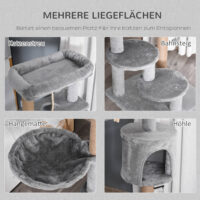 Hellgrauer Kratzbaum aus Holz mit Kuschelkorb und Spielball, 120cm hoch, eine moderne und unterhaltsame Kratzmöglichkeit.