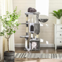 Kratzbaum mit Höhlen und Liegeflächen, ideal für Katzen zum Klettern, Spielen und Schlafen. Robuste Konstruktion mit Anti-Kipp-Vorrichtung für sicheren Halt.