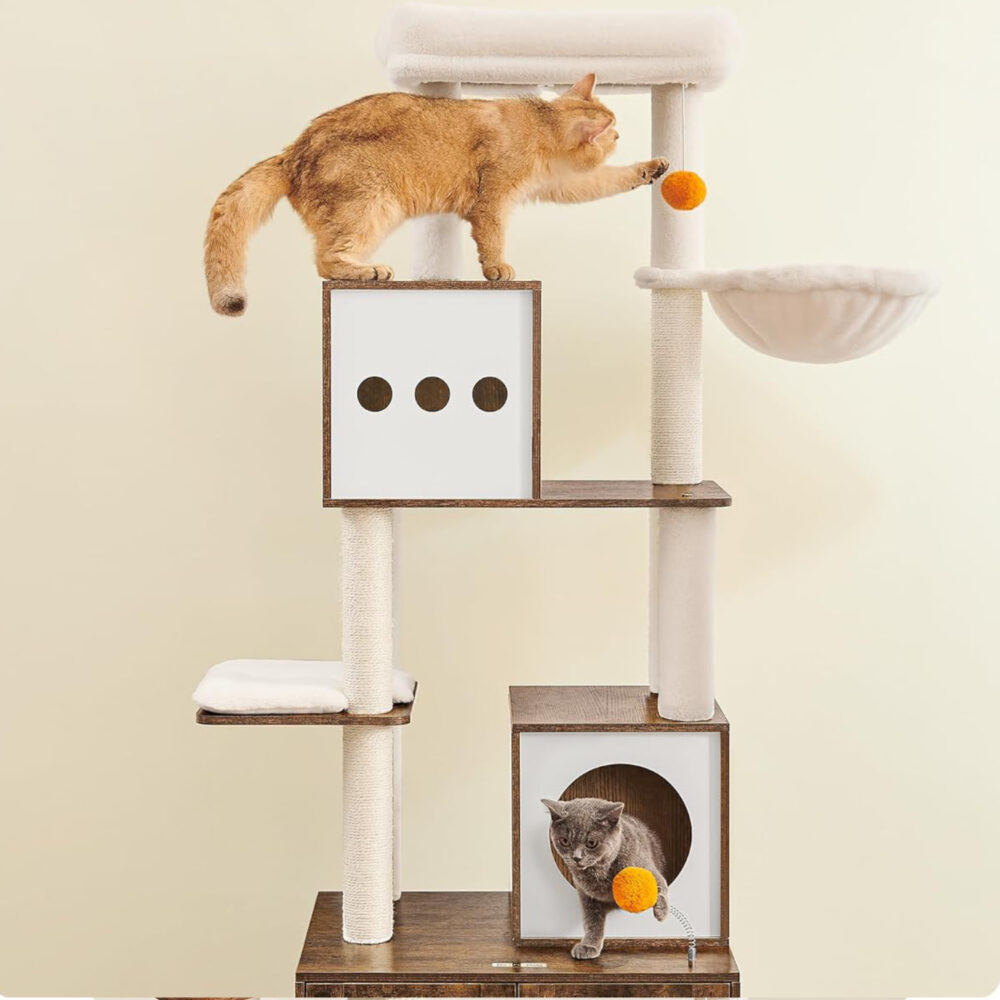 Multifunktionaler Katzenkratzbaum mit integriertem Katzenklo-Schrank, weichen Kissen und robusten Sisalstämmen, ideal für Spiel, Ru