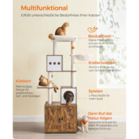 Multifunktionaler Katzenkratzbaum mit integriertem Katzenklo-Schrank, weichen Kissen und robusten Sisalstämmen, ideal für Spiel, Ru