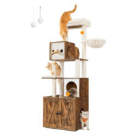 Multifunktionaler Katzenkratzbaum mit integriertem Katzenklo-Schrank, weichen Kissen und robusten Sisalstämmen, ideal für Spiel, Ruhe und Komfort.